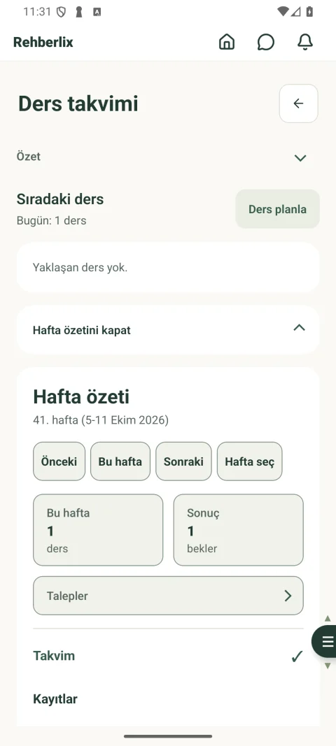 Uygulamada haftalık ders takvimi